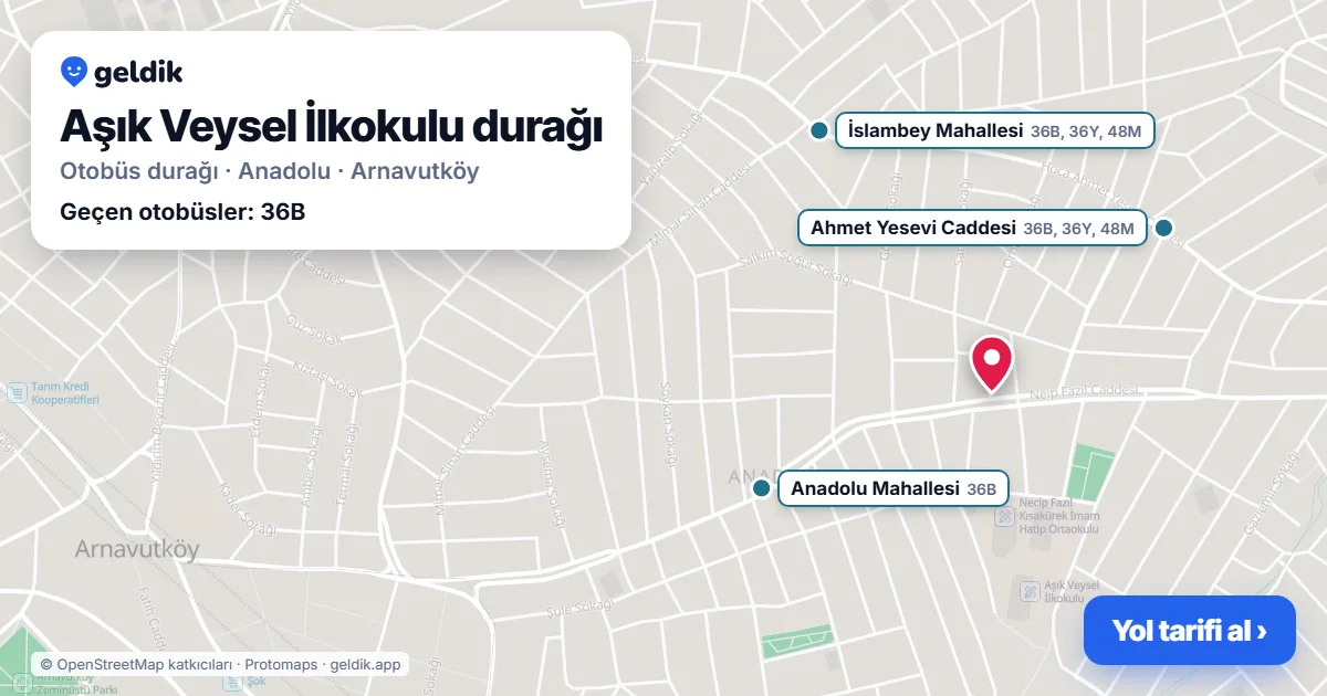 Aşık Veysel İlkokulu otobüs durağı haritada: konumu ve yakındaki duraklar