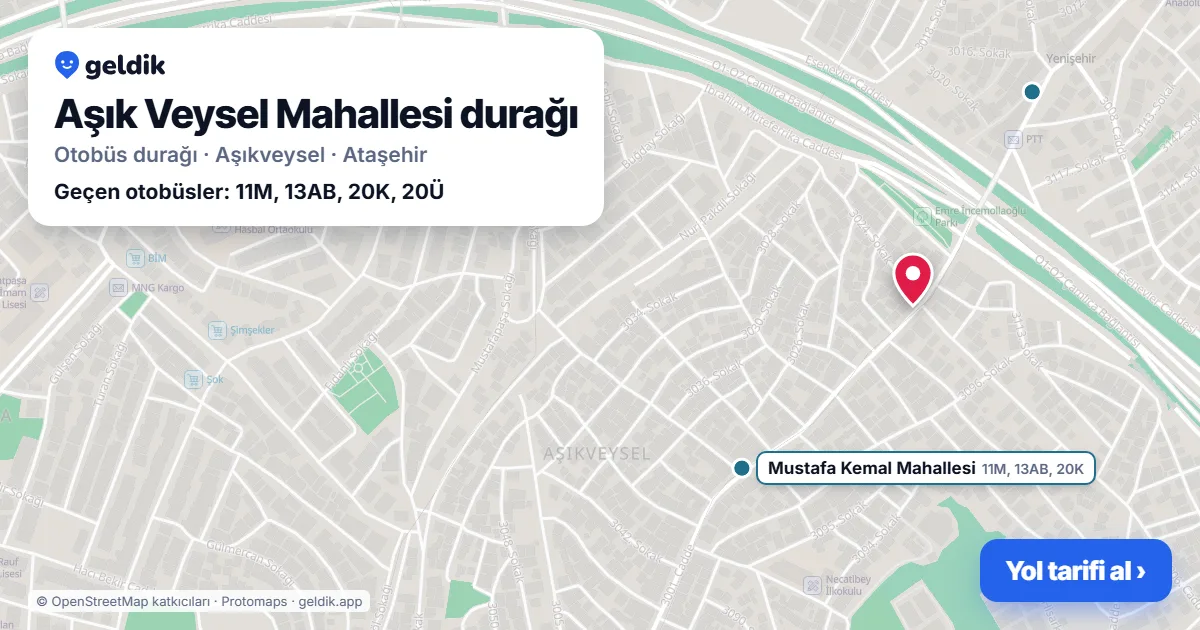 Aşık Veysel Mahallesi otobüs durağı haritada: konumu ve yakındaki duraklar