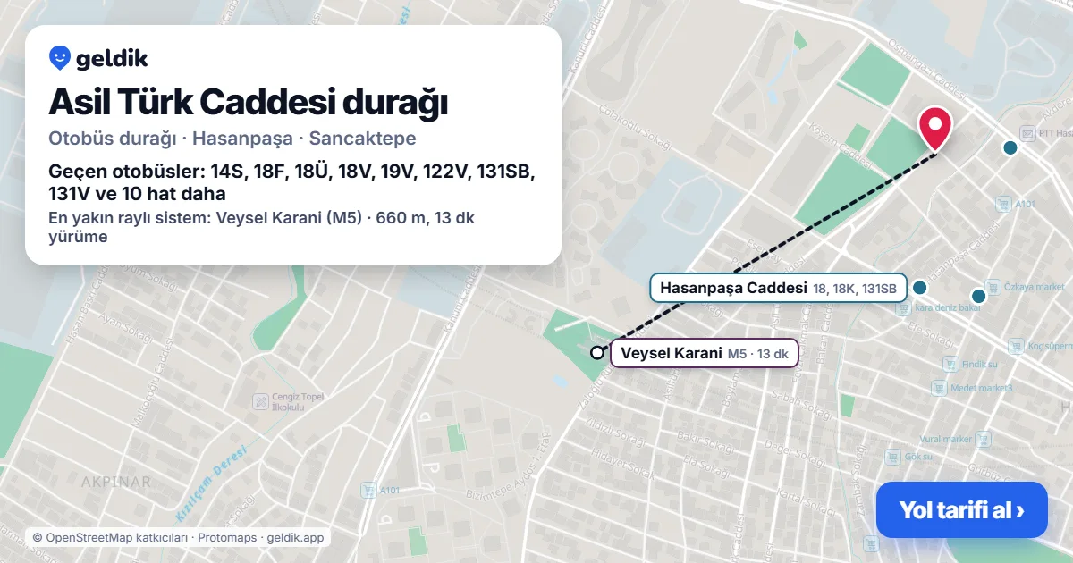 Asil Türk Caddesi otobüs durağı haritada: konumu ve yakındaki duraklar