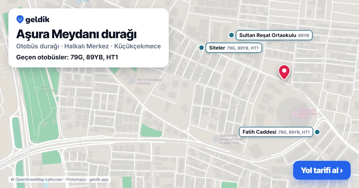 Aşura Meydanı otobüs durağı haritada: konumu ve yakındaki duraklar