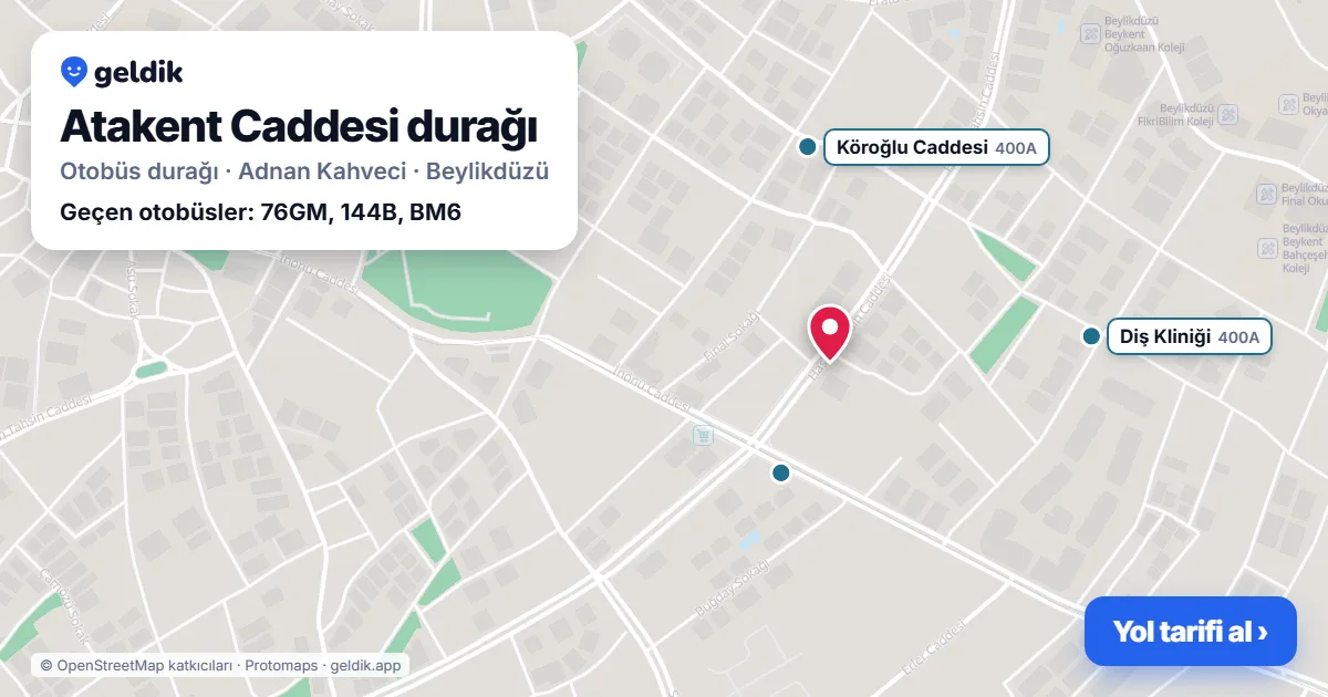 Atakent Caddesi otobüs durağı haritada: konumu ve yakındaki duraklar