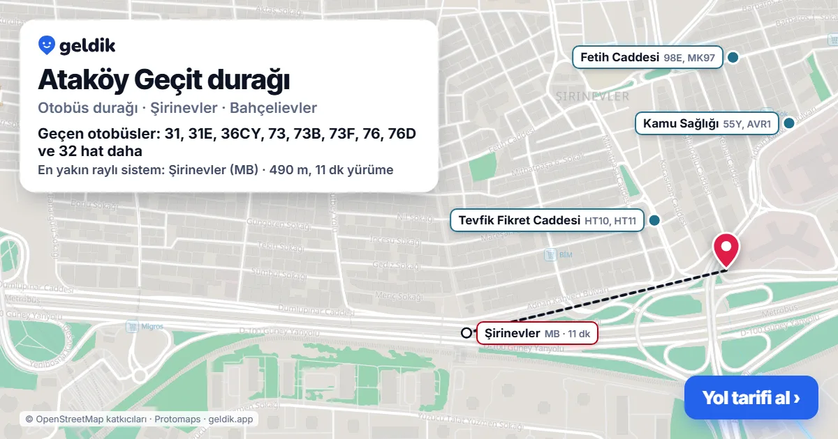 Ataköy Geçit otobüs durağı haritada: konumu ve yakındaki duraklar