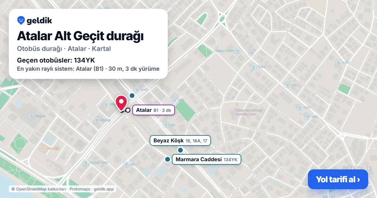 Atalar Alt Geçit otobüs durağı haritada: konumu ve yakındaki duraklar