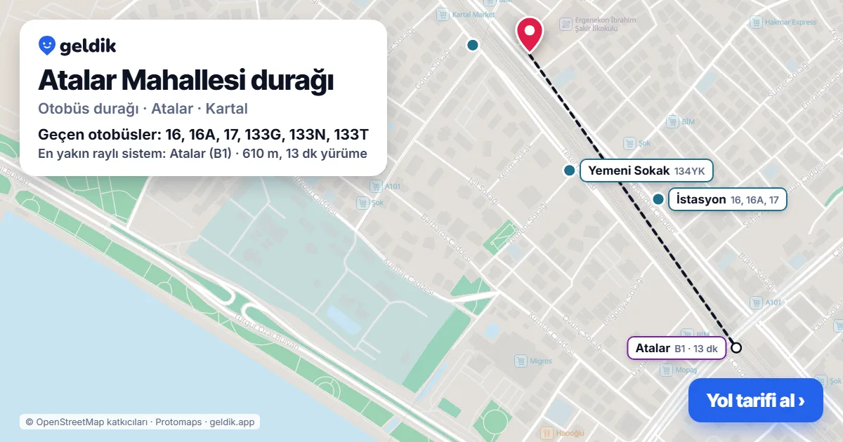 Atalar Mahallesi otobüs durağı haritada: konumu ve yakındaki duraklar