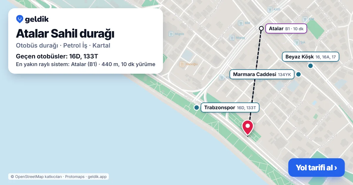 Atalar Sahil otobüs durağı haritada: konumu ve yakındaki duraklar