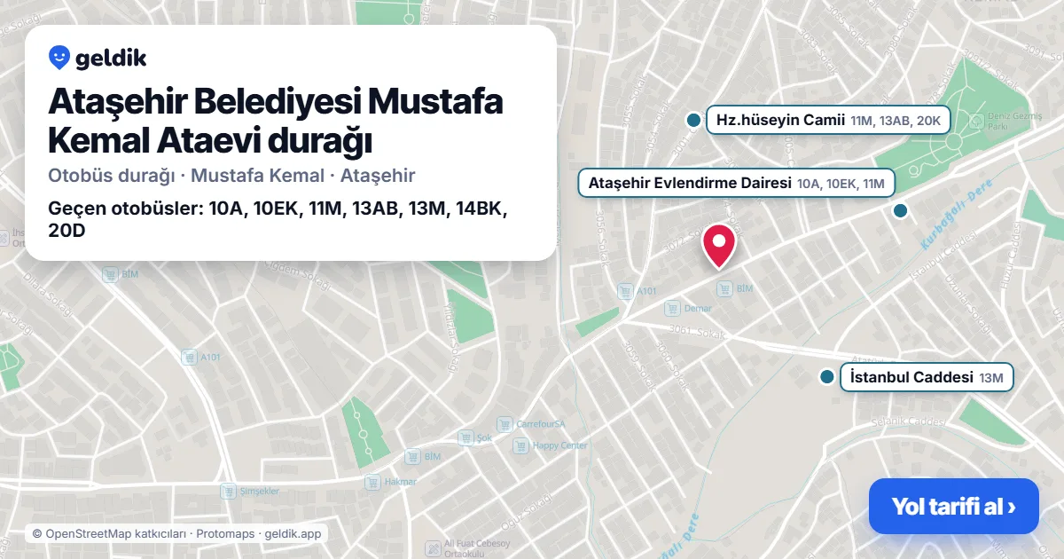 Ataşehir Belediyesi Mustafa Kemal Ataevi otobüs durağı haritada: konumu ve yakındaki duraklar