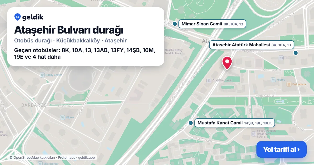 Ataşehir Bulvarı otobüs durağı haritada: konumu ve yakındaki duraklar
