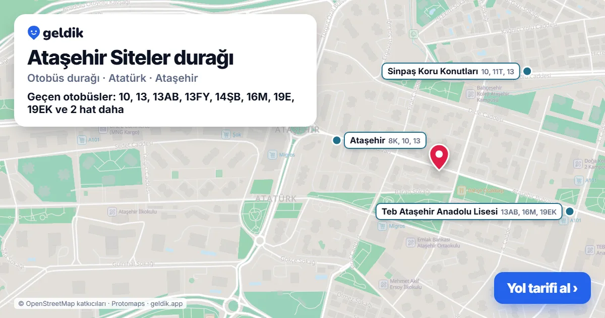 Ataşehir Siteler otobüs durağı haritada: konumu ve yakındaki duraklar