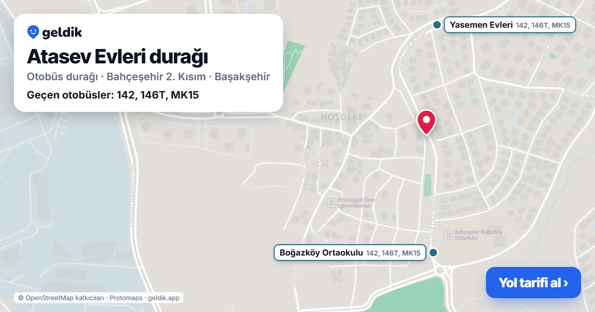 Atasev Evleri otobüs durağı haritada: konumu ve yakındaki duraklar