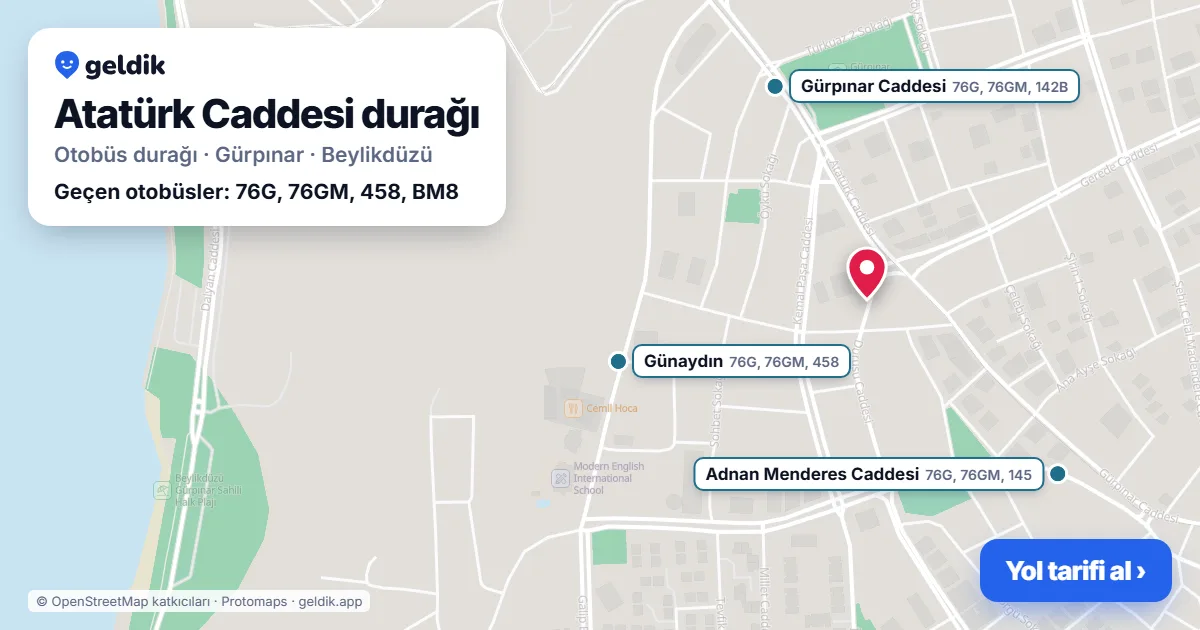 Atatürk Caddesi otobüs durağı haritada: konumu ve yakındaki duraklar