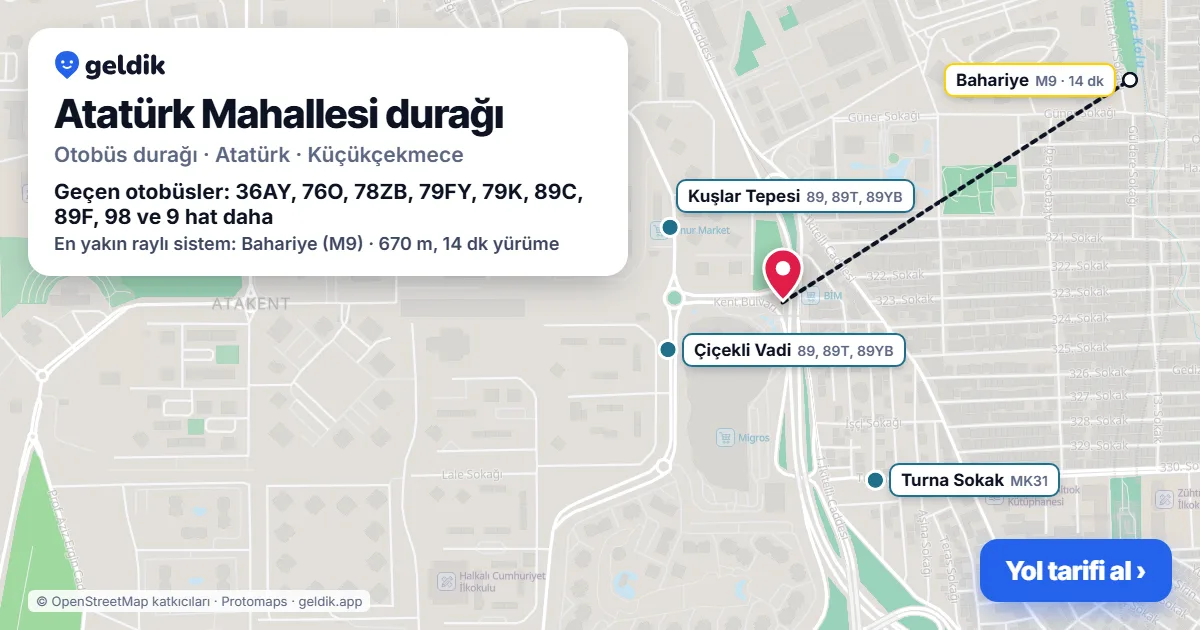 Atatürk Mahallesi otobüs durağı haritada: konumu ve yakındaki duraklar