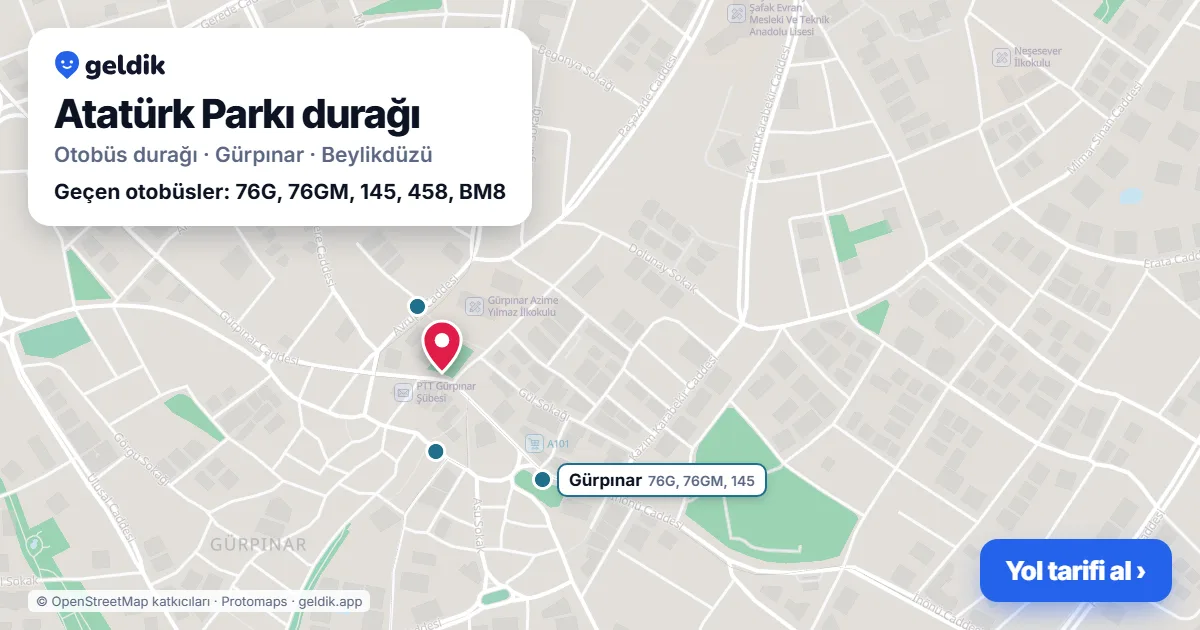 Atatürk Parkı otobüs durağı haritada: konumu ve yakındaki duraklar