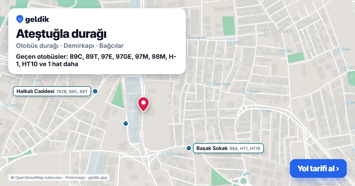 Ateştuğla otobüs durağı haritada: konumu ve yakındaki duraklar