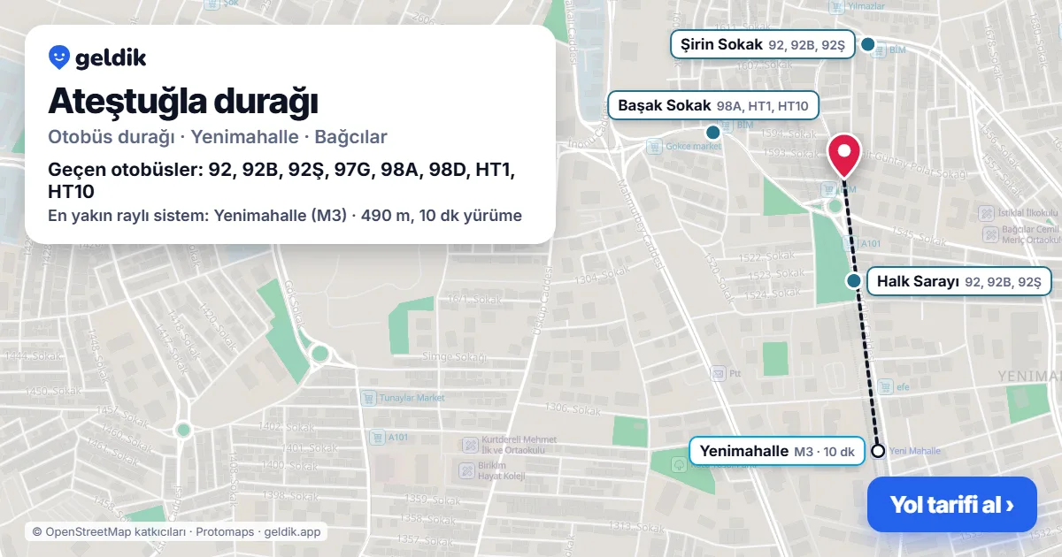 Ateştuğla otobüs durağı haritada: konumu ve yakındaki duraklar