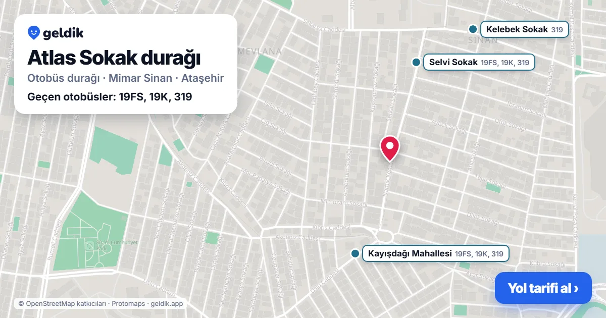 Atlas Sokak otobüs durağı haritada: konumu ve yakındaki duraklar