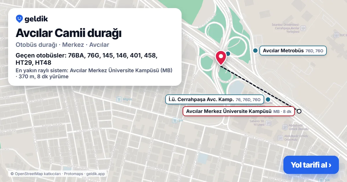 Avcılar Camii otobüs durağı haritada: konumu ve yakındaki duraklar