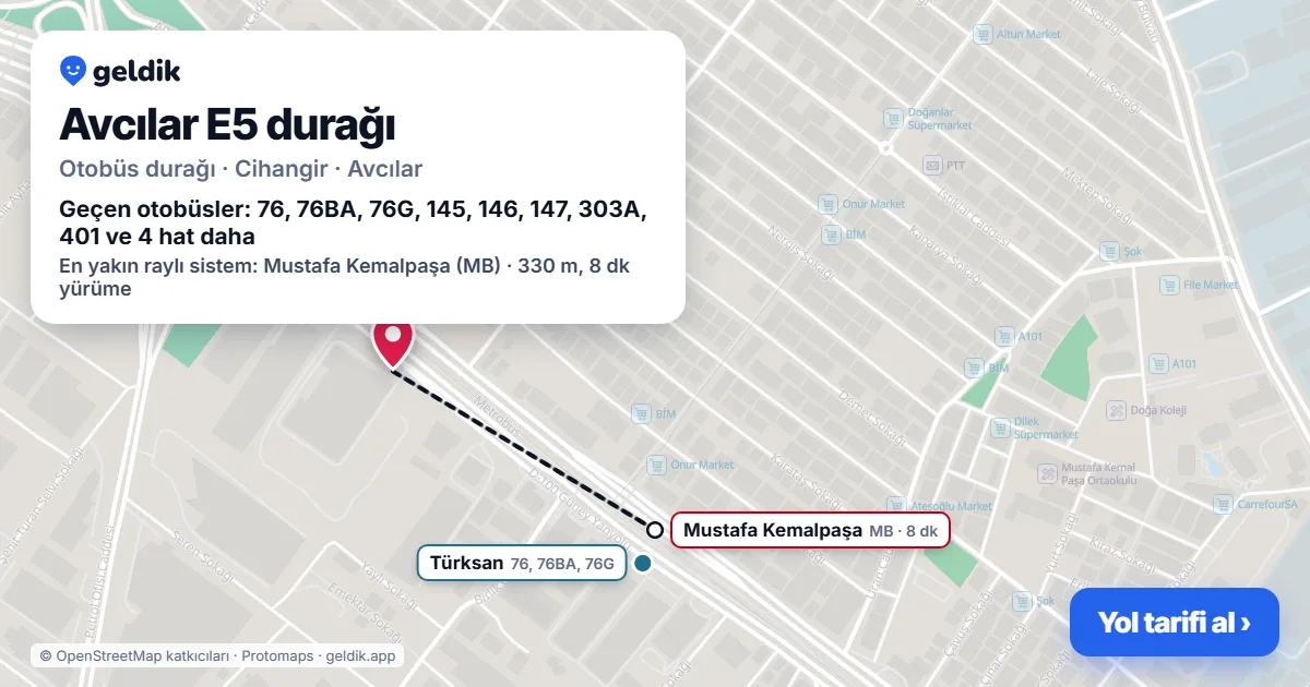 Avcılar E5 otobüs durağı haritada: konumu ve yakındaki duraklar