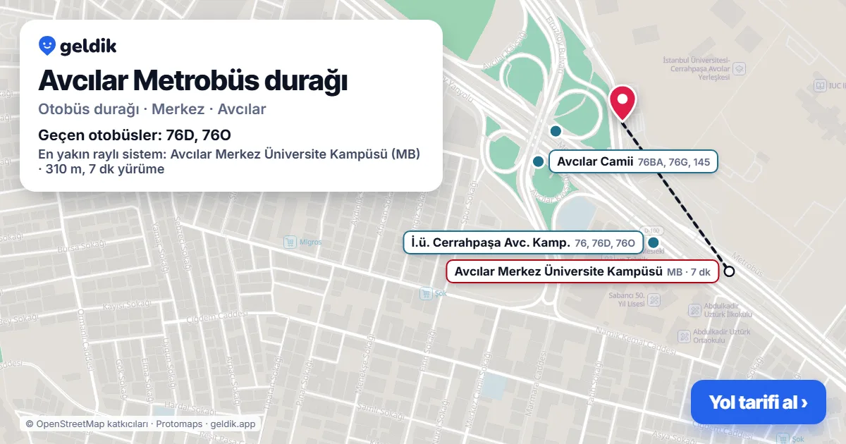 Avcılar Metrobüs otobüs durağı haritada: konumu ve yakındaki duraklar