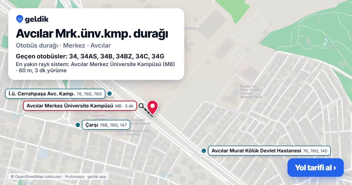 Avcılar Mrk.ünv.kmp. otobüs durağı haritada: konumu ve yakındaki duraklar