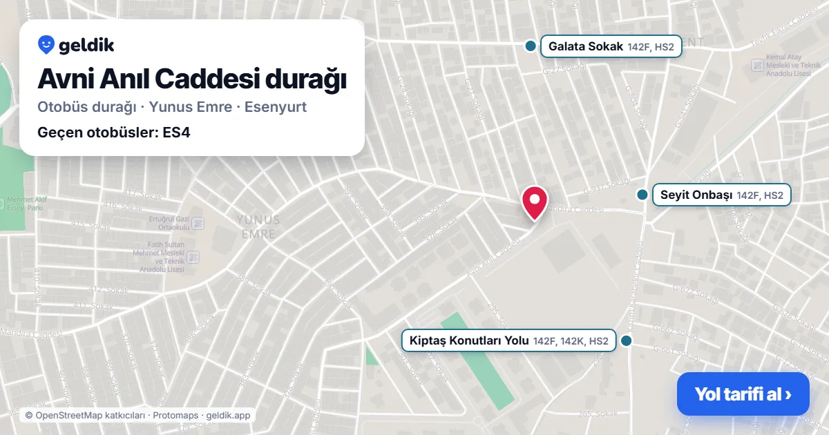 Avni Anıl Caddesi otobüs durağı haritada: konumu ve yakındaki duraklar