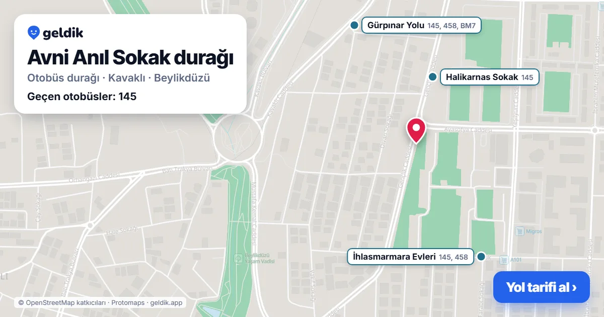 Avni Anıl Sokak otobüs durağı haritada: konumu ve yakındaki duraklar