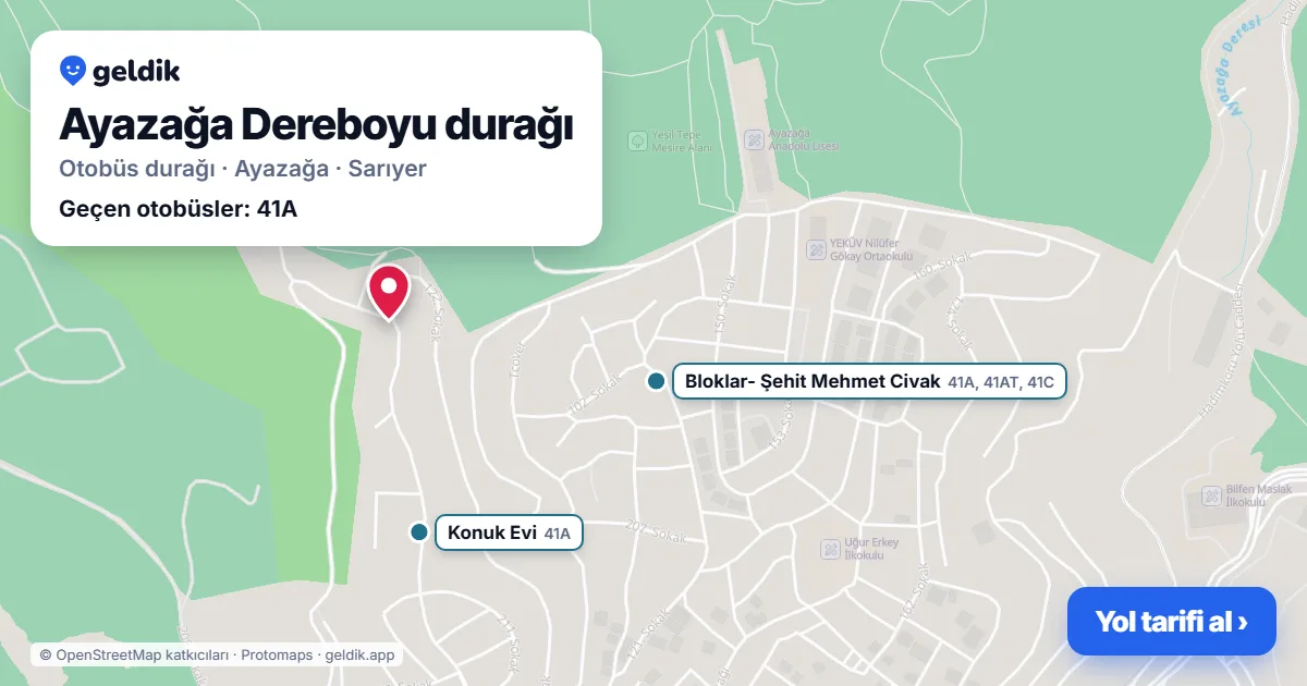 Ayazağa Dereboyu otobüs durağı haritada: konumu ve yakındaki duraklar