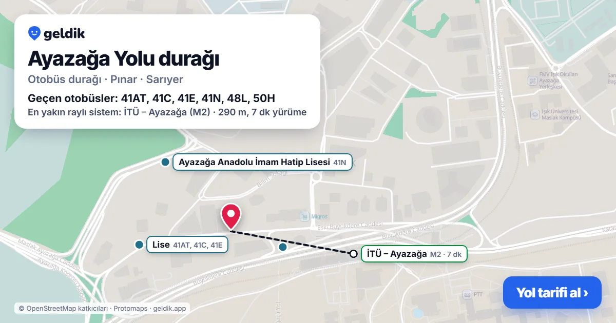 Ayazağa Yolu otobüs durağı haritada: konumu ve yakındaki duraklar
