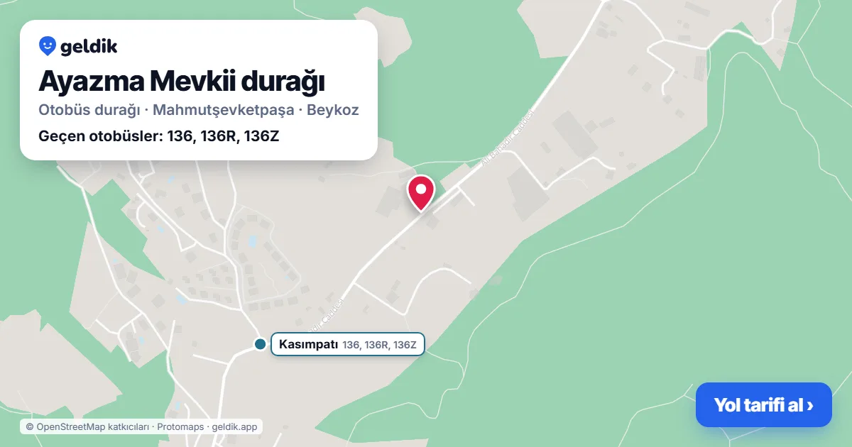 Ayazma Mevkii otobüs durağı haritada: konumu ve yakındaki duraklar