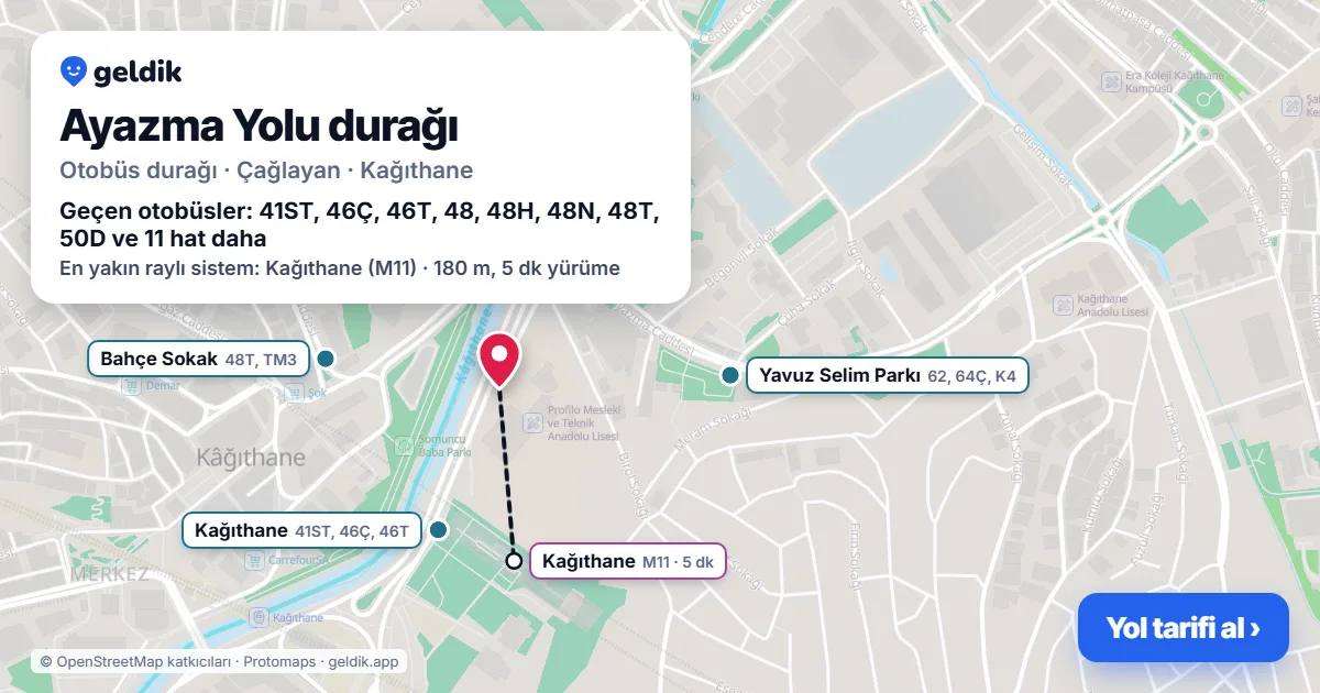 Ayazma Yolu otobüs durağı haritada: konumu ve yakındaki duraklar