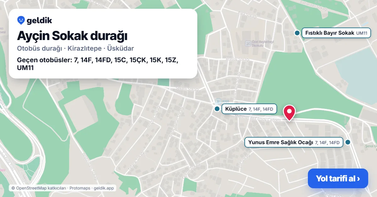 Ayçin Sokak otobüs durağı haritada: konumu ve yakındaki duraklar