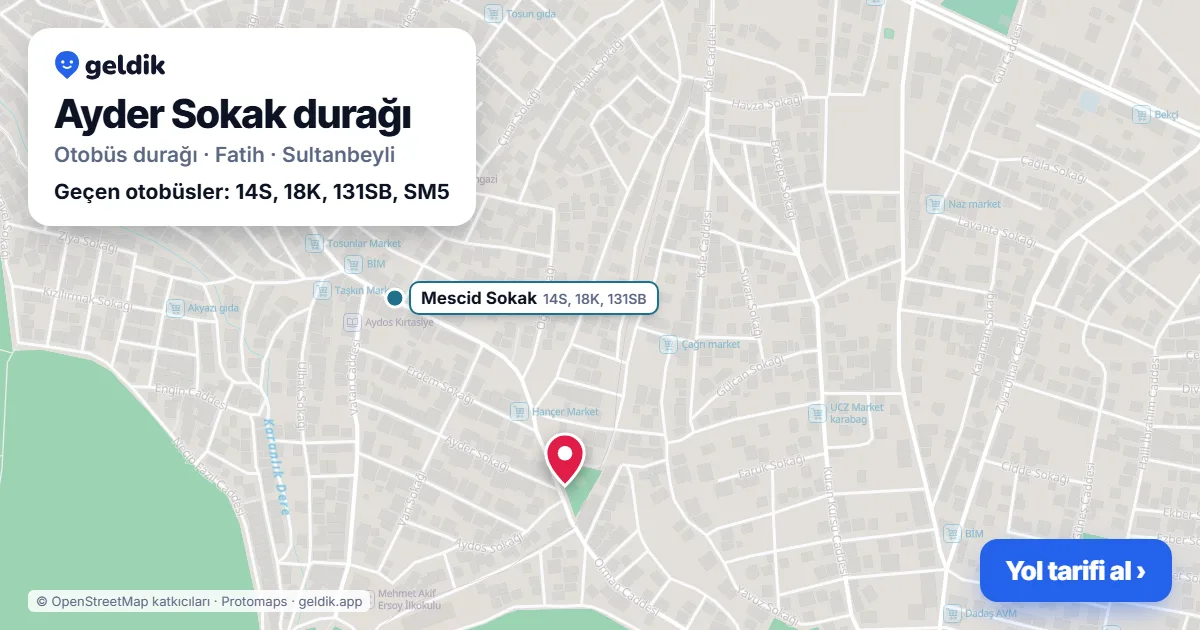Ayder Sokak otobüs durağı haritada: konumu ve yakındaki duraklar