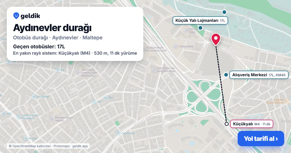 Aydınevler otobüs durağı haritada: konumu ve yakındaki duraklar
