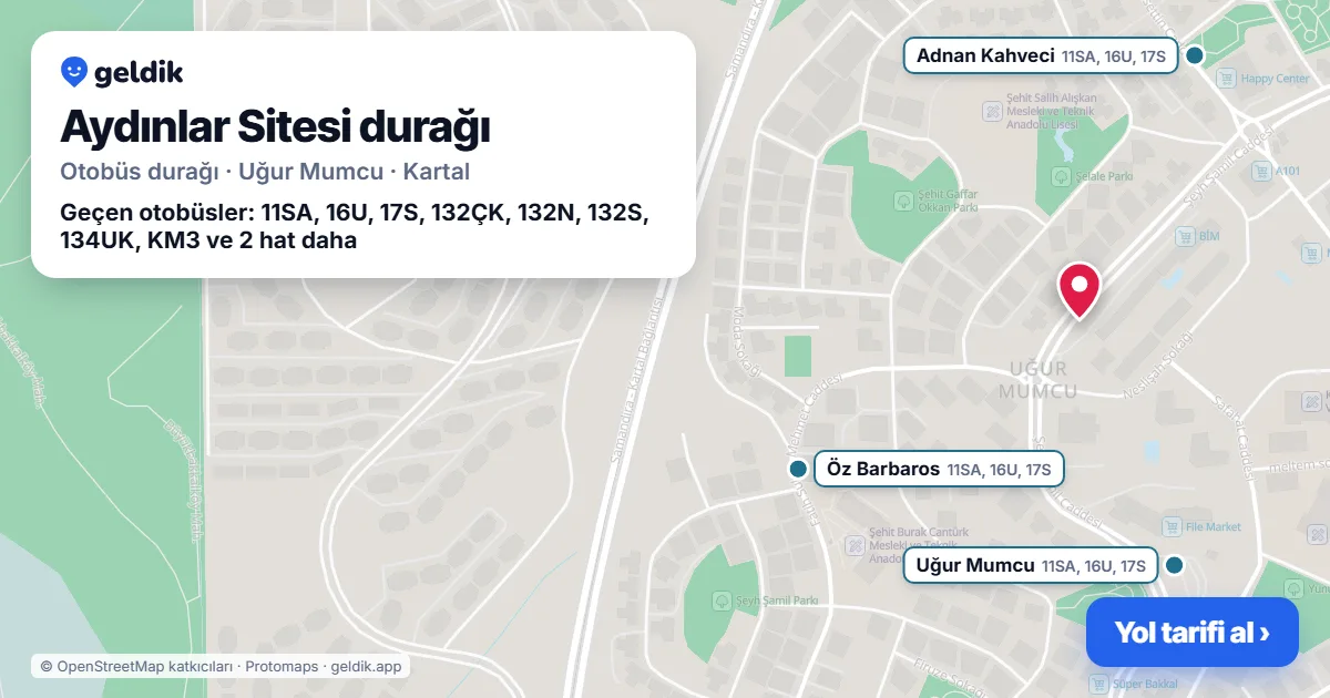 Aydınlar Sitesi otobüs durağı haritada: konumu ve yakındaki duraklar