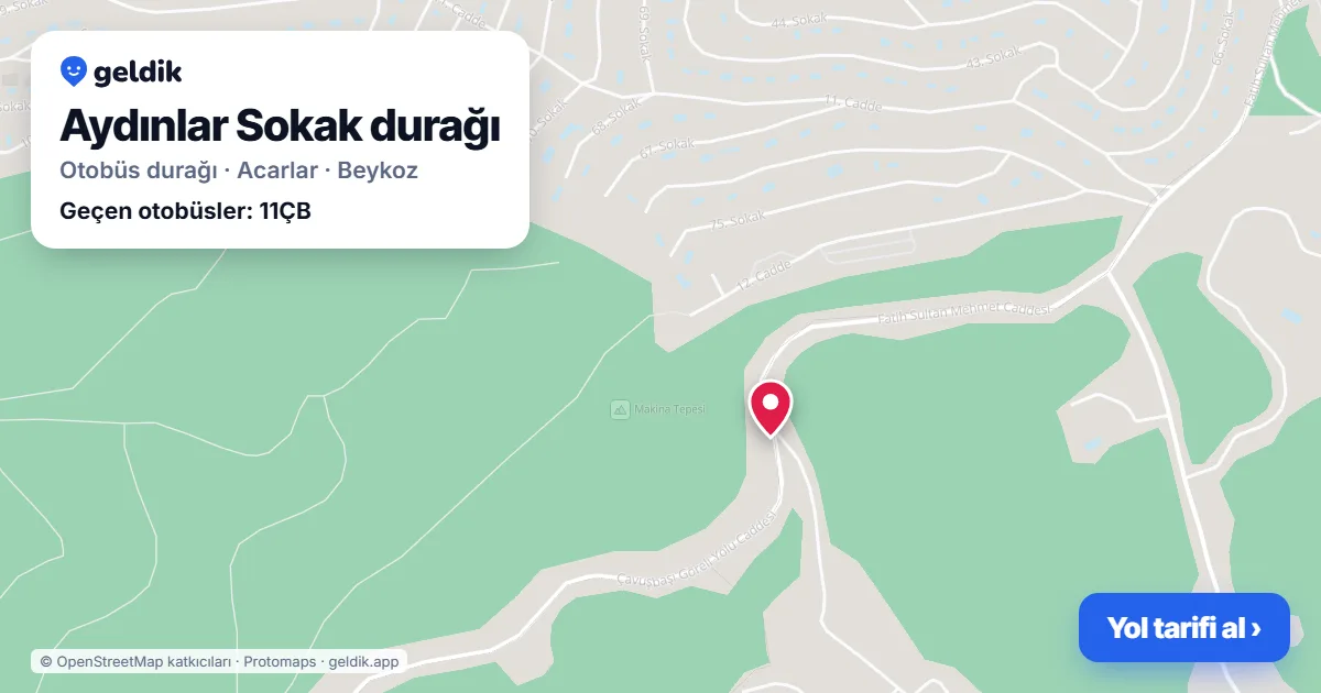 Aydınlar Sokak otobüs durağı haritada: konumu ve yakındaki duraklar