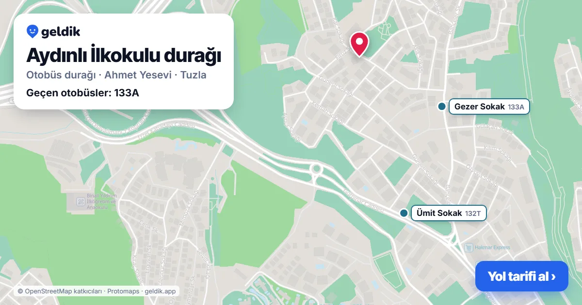 Aydınlı İlkokulu otobüs durağı haritada: konumu ve yakındaki duraklar