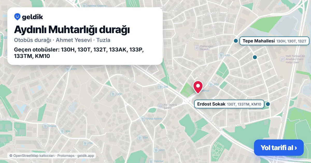 Aydınlı Muhtarlığı otobüs durağı haritada: konumu ve yakındaki duraklar