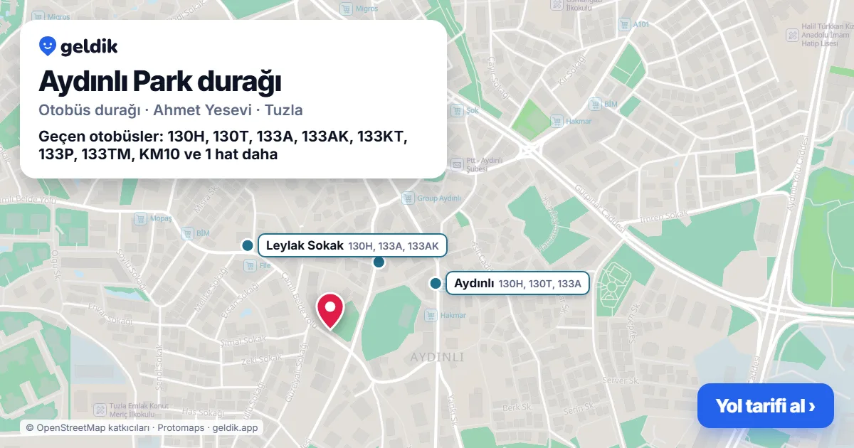 Aydınlı Park otobüs durağı haritada: konumu ve yakındaki duraklar