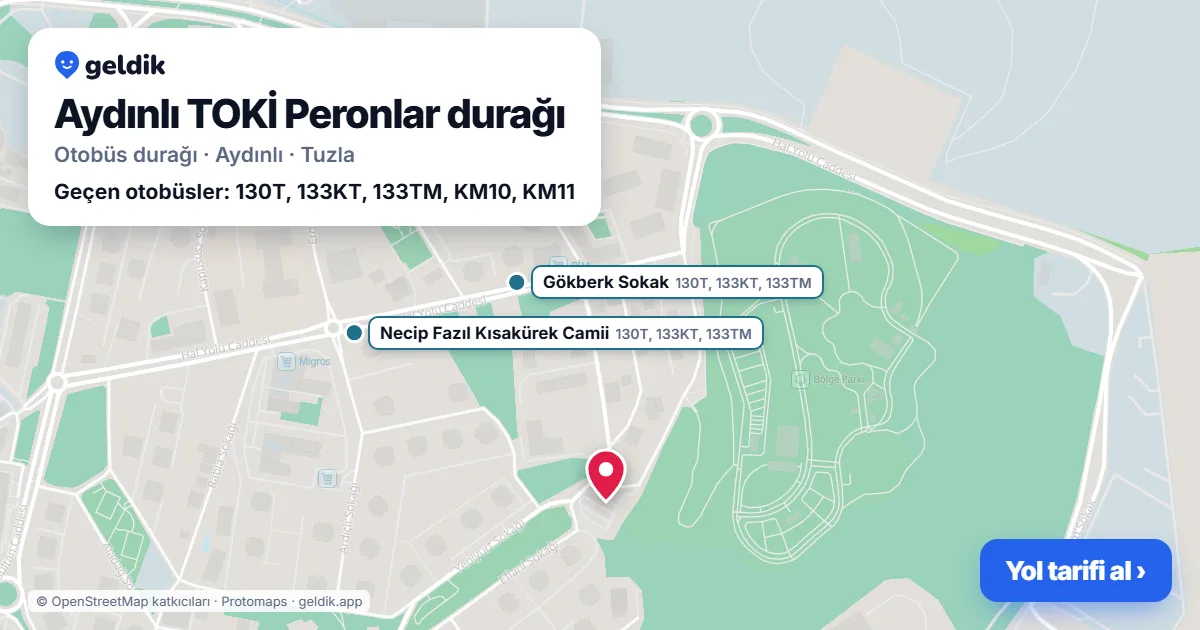 Aydınlı TOKİ Peronlar otobüs durağı haritada: konumu ve yakındaki duraklar