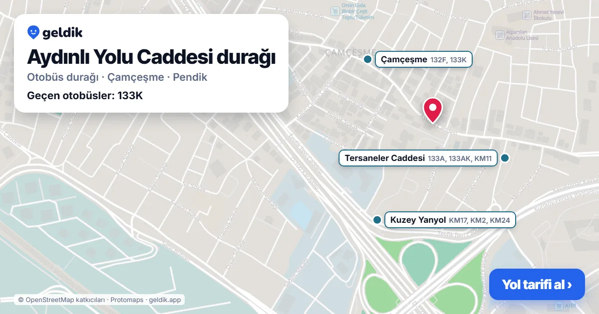 Aydınlı Yolu Caddesi otobüs durağı haritada: konumu ve yakındaki duraklar