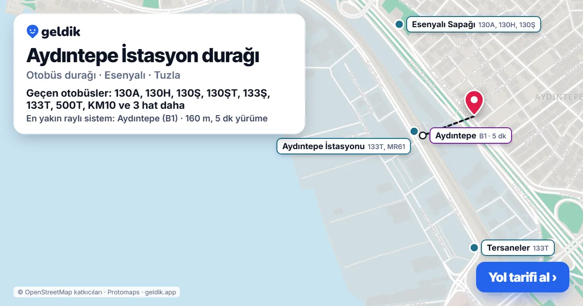 Aydıntepe İstasyon otobüs durağı haritada: konumu ve yakındaki duraklar