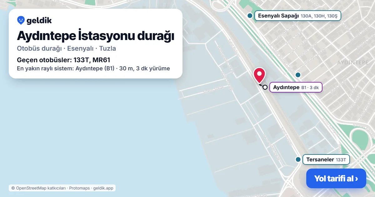 Aydıntepe İstasyonu otobüs durağı haritada: konumu ve yakındaki duraklar