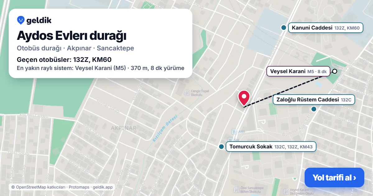 Aydos Evlerı otobüs durağı haritada: konumu ve yakındaki duraklar
