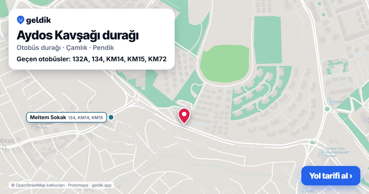 Aydos Kavşağı otobüs durağı haritada: konumu ve yakındaki duraklar