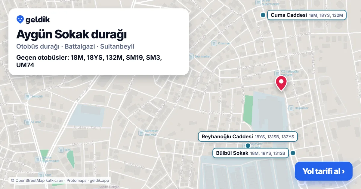 Aygün Sokak otobüs durağı haritada: konumu ve yakındaki duraklar
