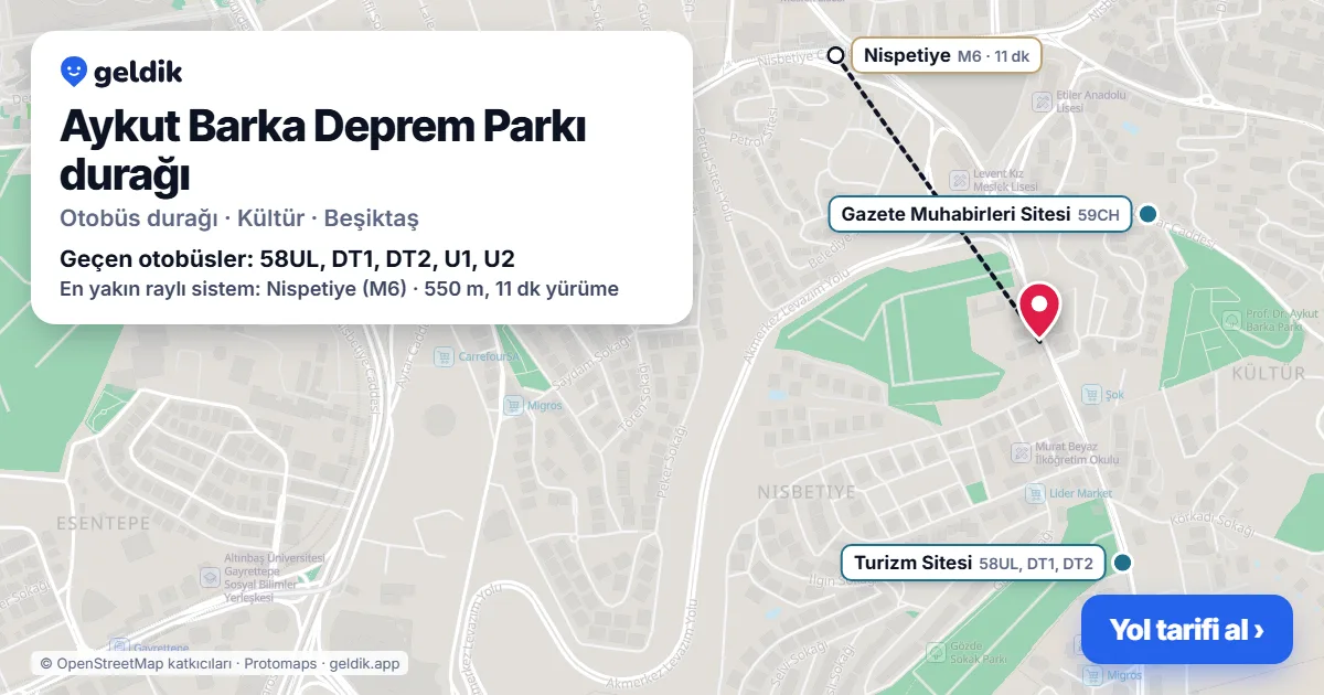 Aykut Barka Deprem Parkı otobüs durağı haritada: konumu ve yakındaki duraklar
