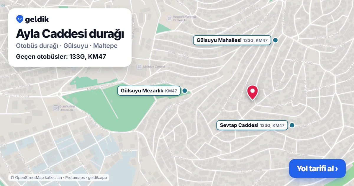 Ayla Caddesi otobüs durağı haritada: konumu ve yakındaki duraklar