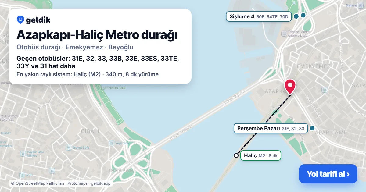 Azapkapı-Haliç Metro otobüs durağı haritada: konumu ve yakındaki duraklar