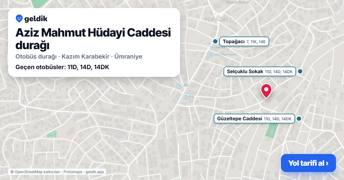 Aziz Mahmut Hüdayi Caddesi otobüs durağı haritada: konumu ve yakındaki duraklar
