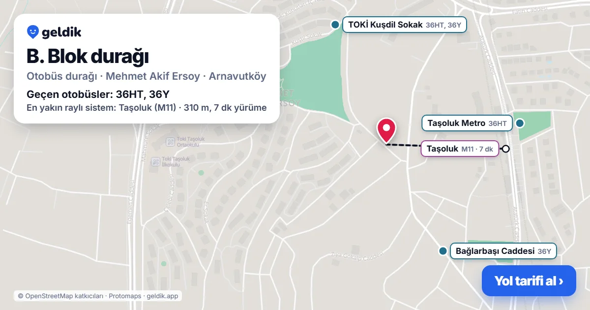 B. Blok otobüs durağı haritada: konumu ve yakındaki duraklar