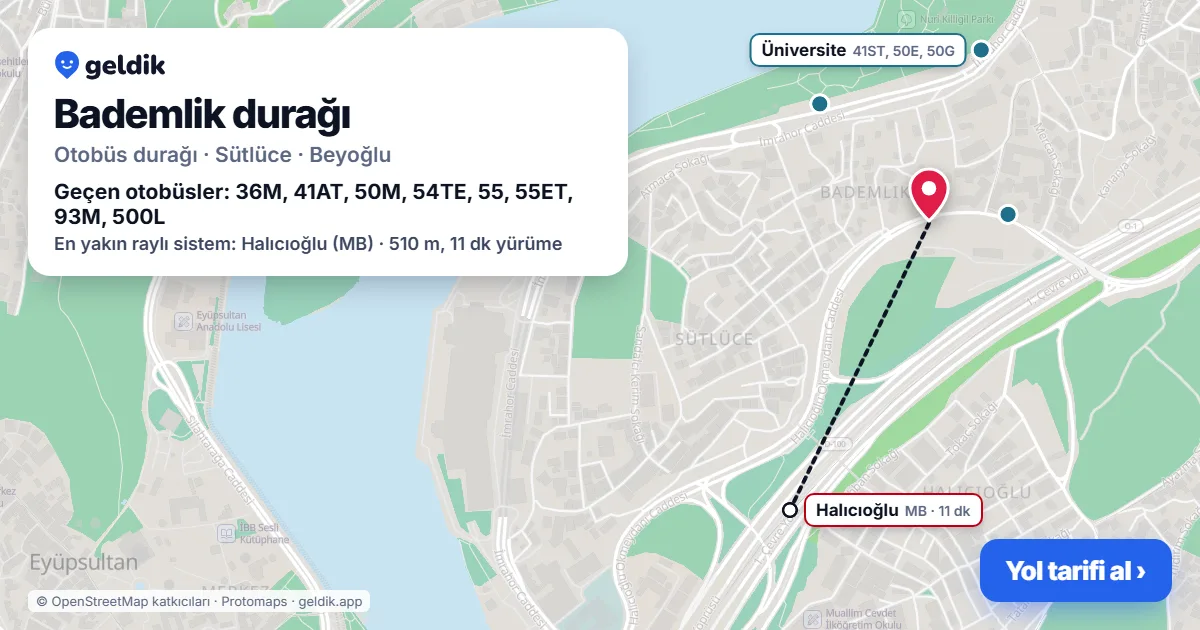 Bademlik otobüs durağı haritada: konumu ve yakındaki duraklar
